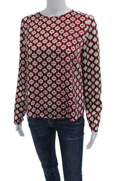 MNG Womens Printed Crew Neck Long Sleeve Blouse Top Red Multi Size 4