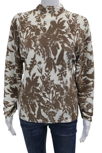 Goen. J Womens Pleated Floral Mock Neck Long Sleeve Blouse Top Brown Size 6