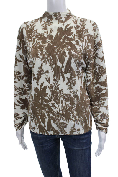Goen. J Womens Pleated Floral Mock Neck Long Sleeve Blouse Top Brown Size 6