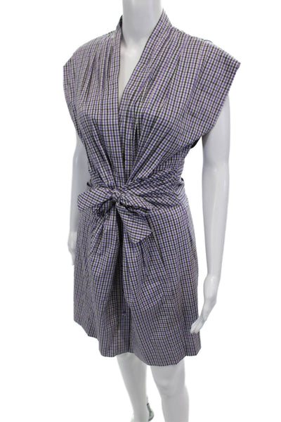 BCBGMAXAZRIA Womens Button Front Short Sleeve Plaid Dress Gray Purple Size 8