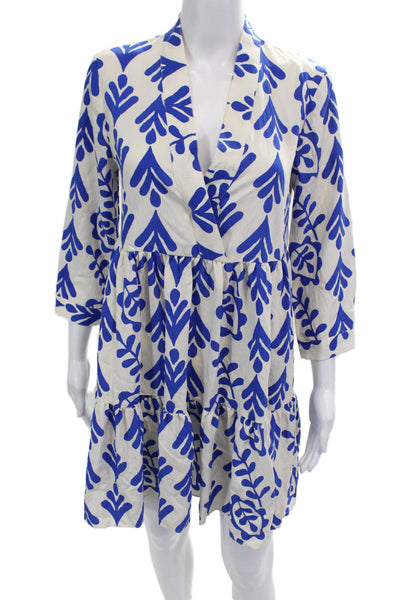 Zara Womens 3/4 Sleeve V Neck Abstract Shift Dress White Blue Size XS