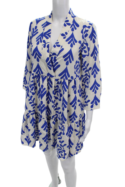 Zara Womens 3/4 Sleeve V Neck Abstract Shift Dress White Blue Size XS
