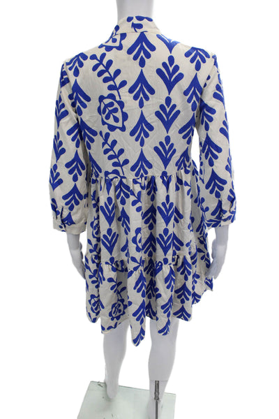 Zara Womens 3/4 Sleeve V Neck Abstract Shift Dress White Blue Size XS