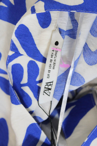 Zara Womens 3/4 Sleeve V Neck Abstract Shift Dress White Blue Size XS