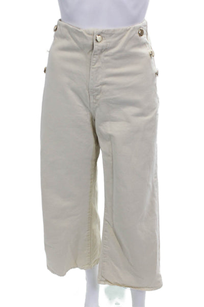 Zara Womens Zipper Fly Mid Rise Wide Leg Twill Pants Beige Cotton Size 4