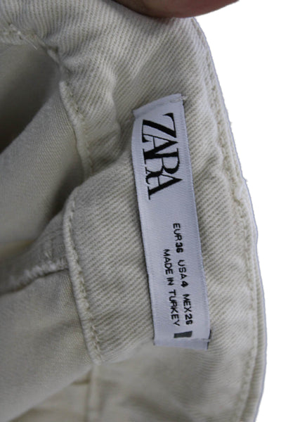 Zara Womens Zipper Fly Mid Rise Wide Leg Twill Pants Beige Cotton Size 4
