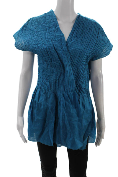 Shi Womens Linen Pleated Open Front Vest Blue Size OS