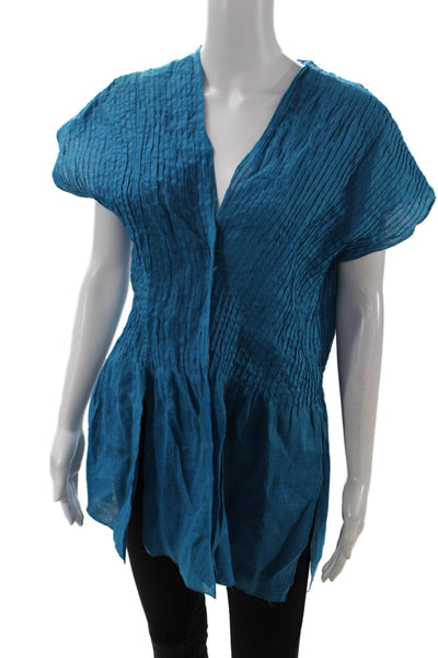 Shi Womens Linen Pleated Open Front Vest Blue Size OS