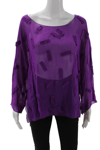 Shi Shi Womens Sheer Geometric Long Sleeve Blouse Top Purple Size OS