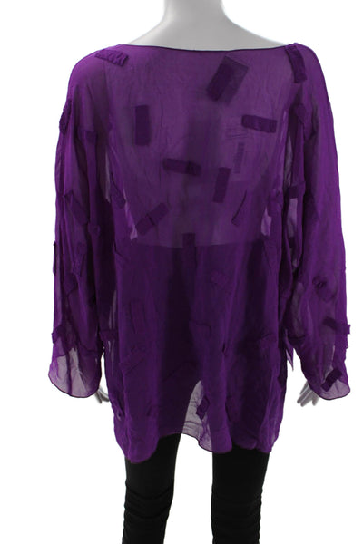 Shi Shi Womens Sheer Geometric Long Sleeve Blouse Top Purple Size OS