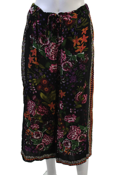 Zara Womens High Rise Drawstring Floral Cropped Pants Black Multi Small