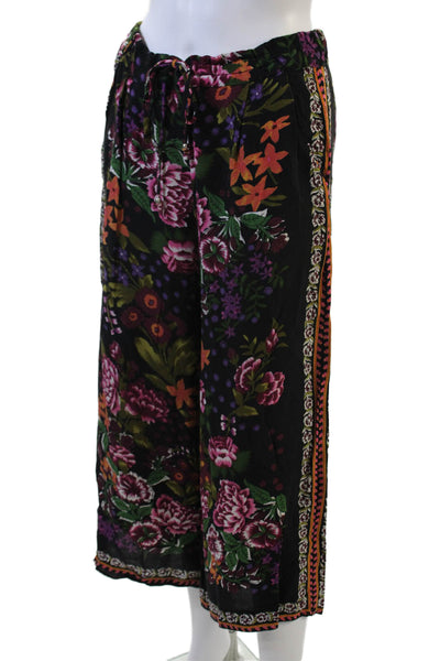 Zara Womens High Rise Drawstring Floral Cropped Pants Black Multi Small