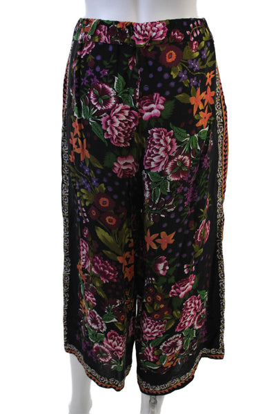 Zara Womens High Rise Drawstring Floral Cropped Pants Black Multi Small