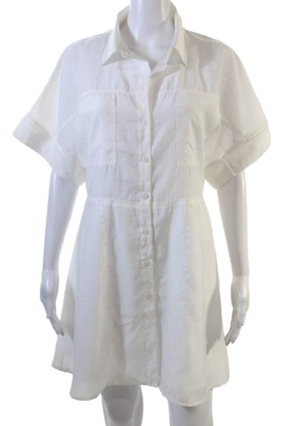One N More Womens Short Sleeve Collared Mini Shirt Dress White Cotton Size Large