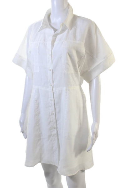 One N More Womens Short Sleeve Collared Mini Shirt Dress White Cotton Size Large