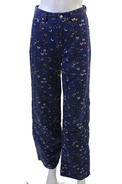 Terez Womens Textured Zip Button Printed Wide Leg Pants Blue Size XS