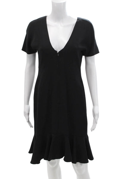 Oscar de la Renta Womens Short Sleeves V Neck Swing Dress Black Size Small