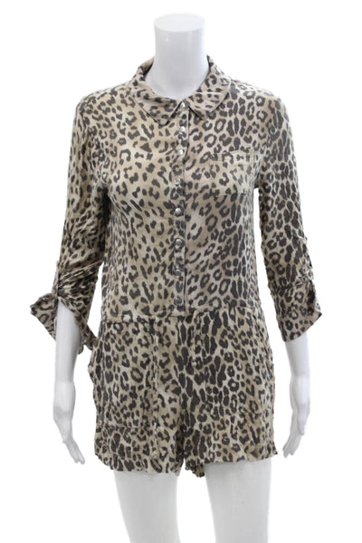 Chaser Womens Animal Print Button Down Romper Beige Brown Size Small