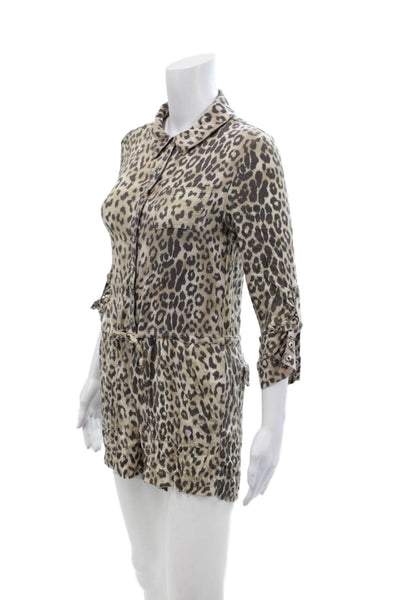 Chaser Womens Animal Print Button Down Romper Beige Brown Size Small