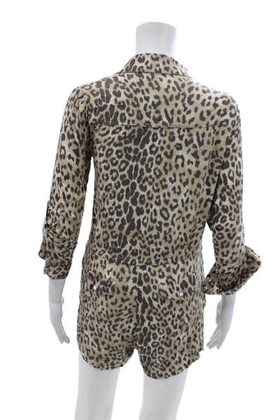 Chaser Womens Animal Print Button Down Romper Beige Brown Size Small