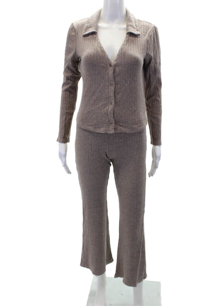 Zara Womens Ribbed Long Sleeve Collared Crop Top & Pants Set Beige Size M
