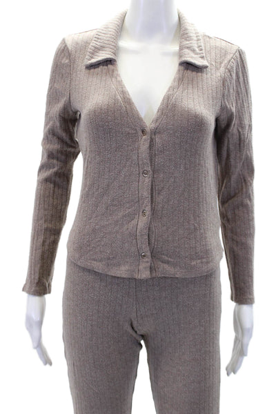 Zara Womens Ribbed Long Sleeve Collared Crop Top & Pants Set Beige Size M