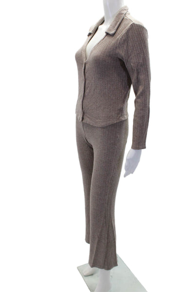 Zara Womens Ribbed Long Sleeve Collared Crop Top & Pants Set Beige Size M