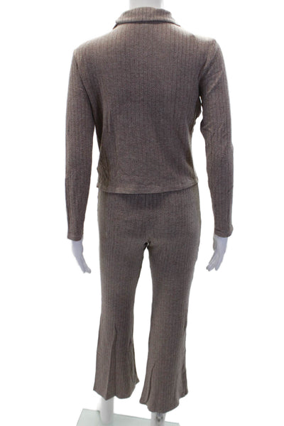 Zara Womens Ribbed Long Sleeve Collared Crop Top & Pants Set Beige Size M