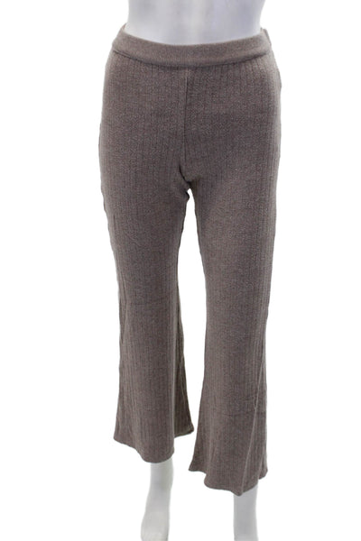 Zara Womens Ribbed Long Sleeve Collared Crop Top & Pants Set Beige Size M