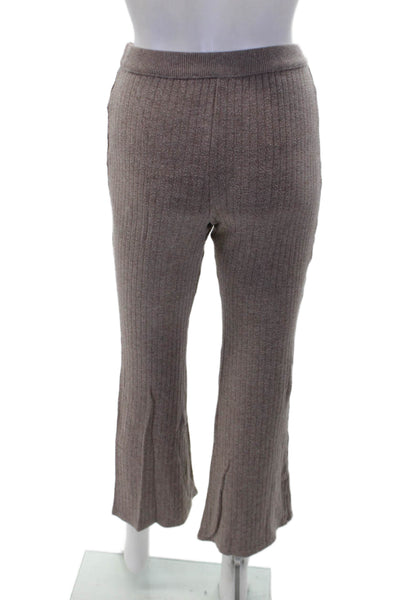 Zara Womens Ribbed Long Sleeve Collared Crop Top & Pants Set Beige Size M