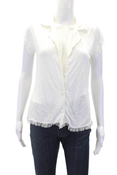 Eberjey Womens Collared V-Neck Short Sleeve Sheer Mesh Ruffle Top White Size XS