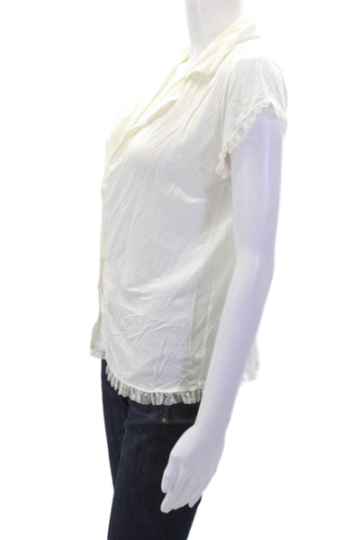 Eberjey Womens Collared V-Neck Short Sleeve Sheer Mesh Ruffle Top White Size XS