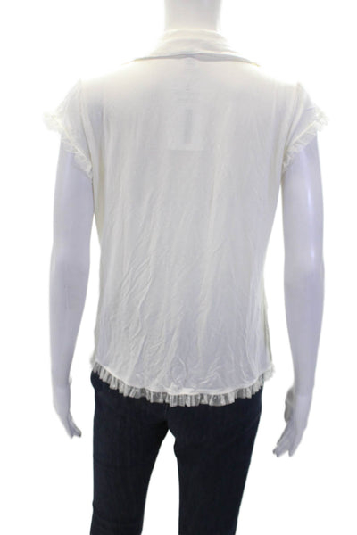 Eberjey Womens Collared V-Neck Short Sleeve Sheer Mesh Ruffle Top White Size XS