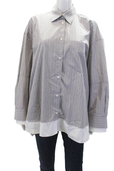 Zara Womens Cotton Long Sleeve Button Up Striped Blouse Gray Size S