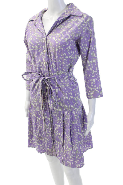 Samantha Sung Womens 3/4 Sleeve Button Front Abstract Dress Purple White Size 4