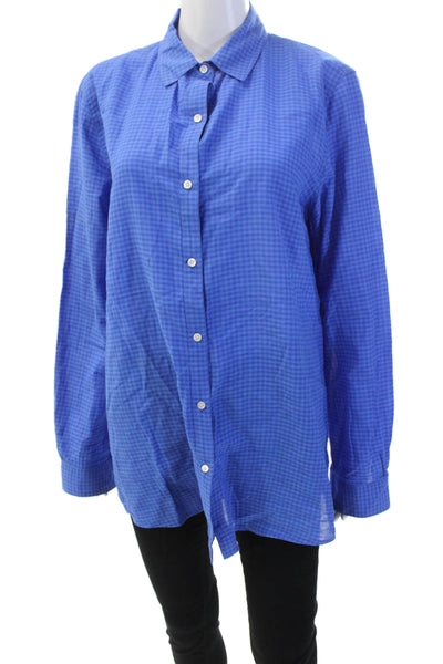 J. Mclaughlin Womens Button Front Collared Gingham Shirt Blue Cotton Medium