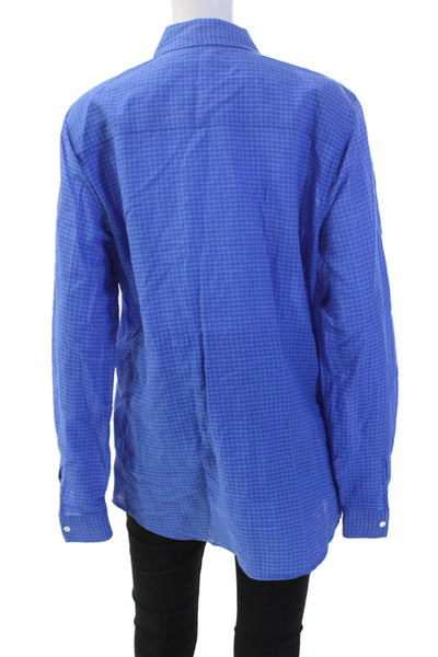 J. Mclaughlin Womens Button Front Collared Gingham Shirt Blue Cotton Medium