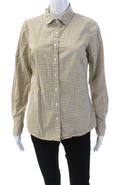 J Crew Womens Button Front Long Sleeve Gingham Shirt Brown White Cotton Size 4