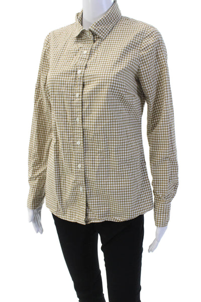J Crew Womens Button Front Long Sleeve Gingham Shirt Brown White Cotton Size 4