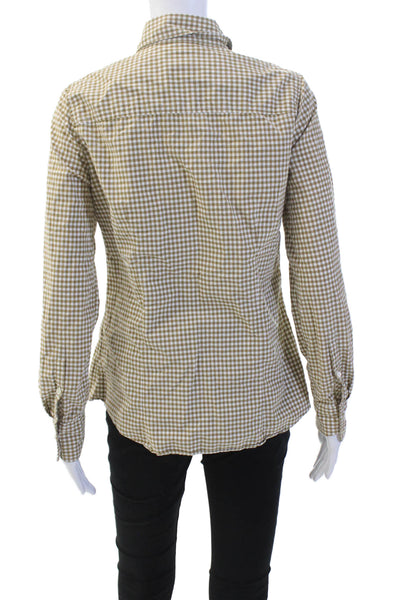 J Crew Womens Button Front Long Sleeve Gingham Shirt Brown White Cotton Size 4