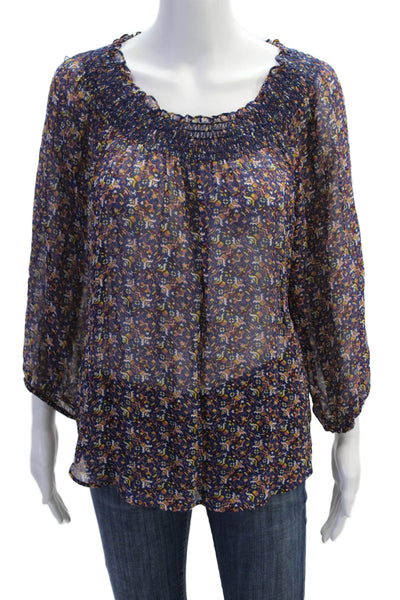 Joie Womens Silk Sheer Geometric Print Off The Shoulder Blouse Blue Size XS