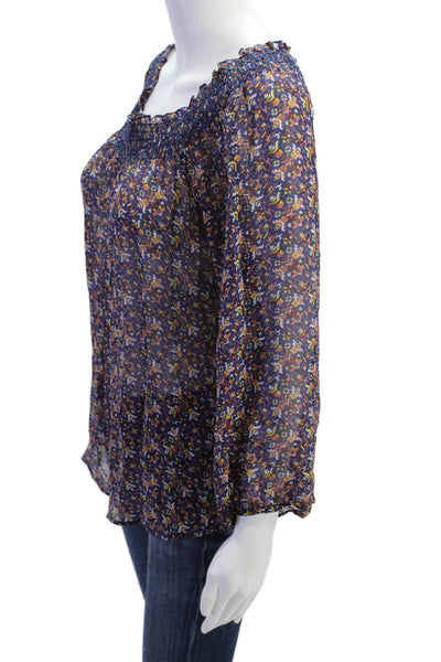 Joie Womens Silk Sheer Geometric Print Off The Shoulder Blouse Blue Size XS