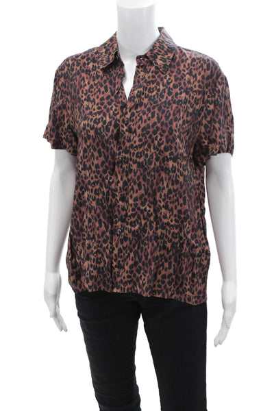 Solid & Striped Womens Animal Print Collar Button Down Shirt Brown Size Small