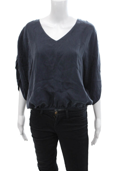 Unsubscribed Womens Textured V-neck Short Sleeve Blouse Blue Size XS