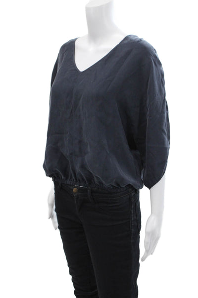 Unsubscribed Womens Textured V-neck Short Sleeve Blouse Blue Size XS