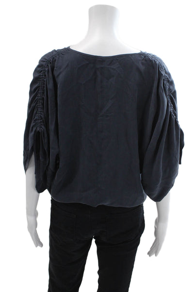 Unsubscribed Womens Textured V-neck Short Sleeve Blouse Blue Size XS