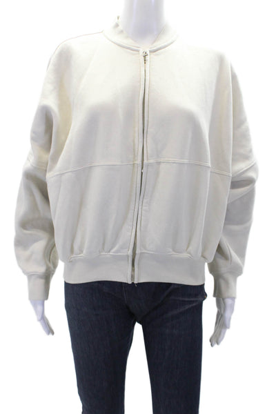 Zara Womens Cotton Long Sleeve Round Neck Zip Up Crew Sweatshirt Beige Size S