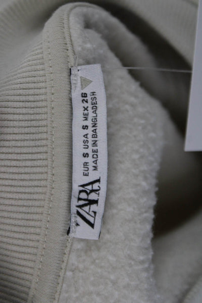 Zara Womens Cotton Long Sleeve Round Neck Zip Up Crew Sweatshirt Beige Size S