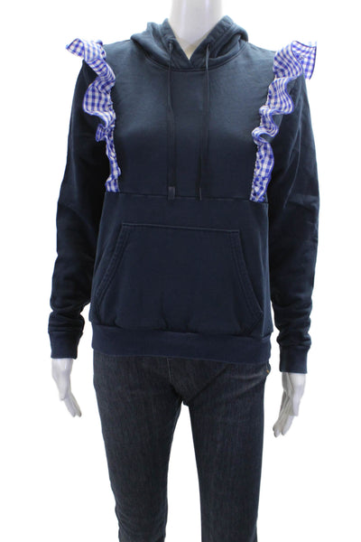 Addison Bay Womens Cotton Checkered Ruffle Detail Pullover Hoodie Navy Size S
