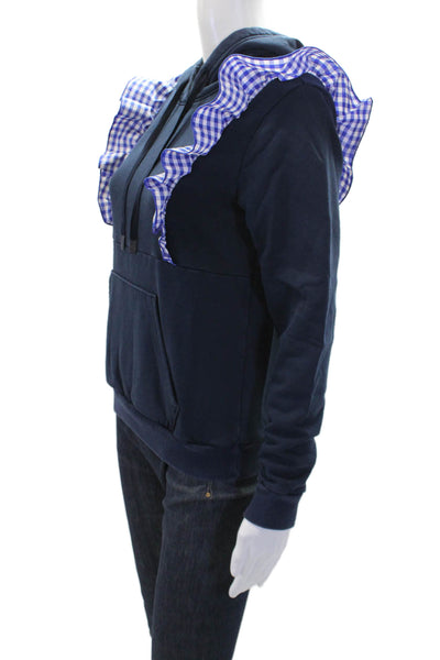 Addison Bay Womens Cotton Checkered Ruffle Detail Pullover Hoodie Navy Size S